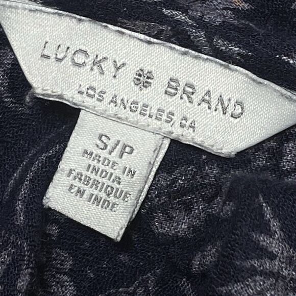 Lucky Brand Womens V-Neck Batik Floral Peplum Top Sz Small Stretch Dark Navy - Picture 10 of 12